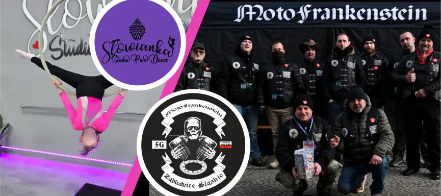 grafika przedstawiająca członków Klubu Motocyklowego oraz dziewczynkę ćwiczącą pole dance 