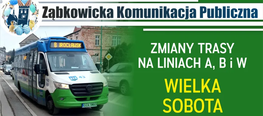 grafika prezentująca autobus Ząbkowickiej Komunikacji Publicznej z informacją o zmianach na liniach A, B i W