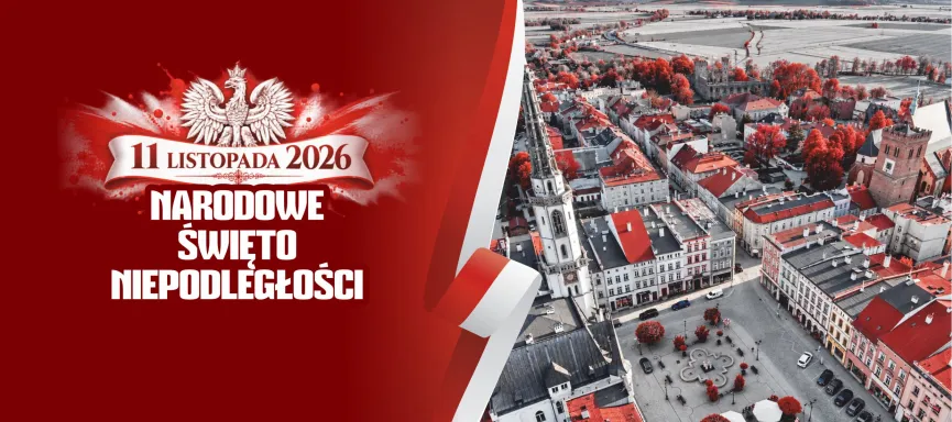 grafika w kolorystyce biało-czerwonej z panoramą Ząbkowic Śląskich